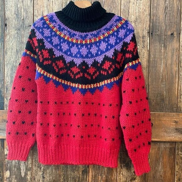 The Weathervane S Purple Red Fabrizio Vtg FairIsles Winter Chunky Knit Sweater - Picture 2 of 9
